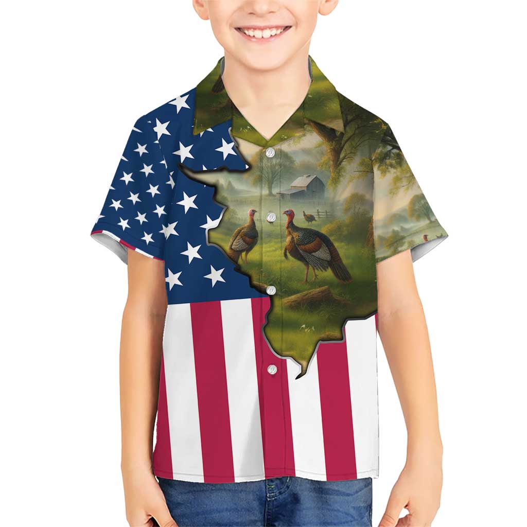 Custom American Flag Turkey Hunting Hawaiian Shirt with Illinois State Outline Country Farm Scene - Wonder Print Shop