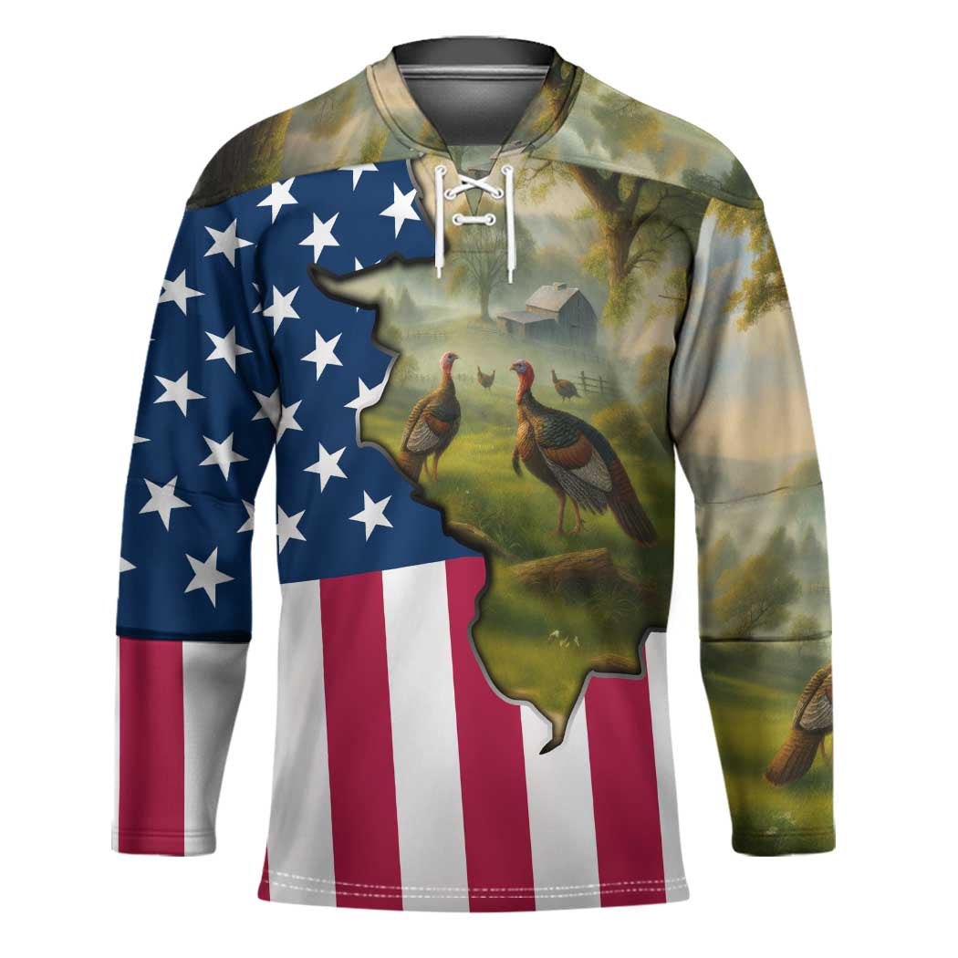 Custom American Flag Turkey Hunting Hockey Jersey with Illinois State Outline Country Farm Scene - Wonder Print Shop