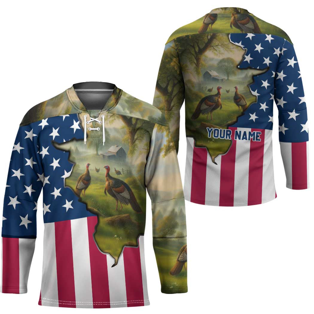 Custom American Flag Turkey Hunting Hockey Jersey with Illinois State Outline Country Farm Scene - Wonder Print Shop