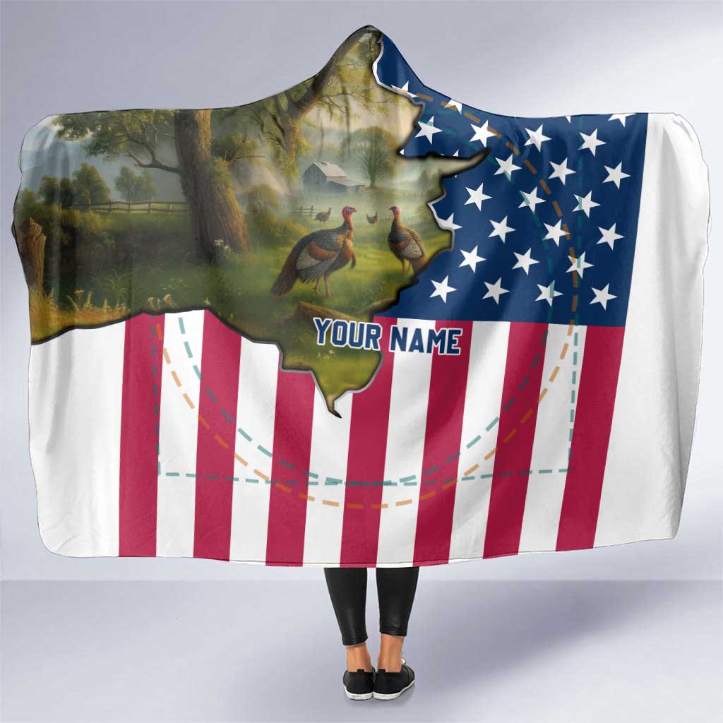 Custom American Flag Turkey Hunting Hooded Blanket with Illinois State Outline Country Farm Scene - Wonder Print Shop