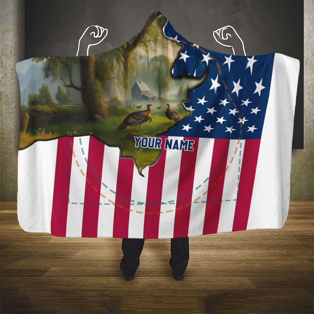 Custom American Flag Turkey Hunting Hooded Blanket with Illinois State Outline Country Farm Scene - Wonder Print Shop
