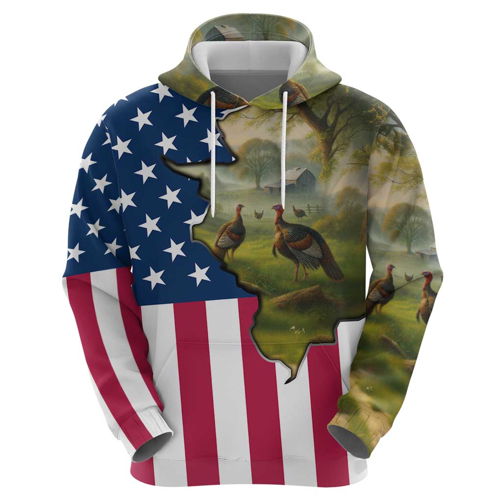Custom American Flag Turkey Hunting Hoodie with Illinois State Outline Country Farm Scene - Wonder Print Shop