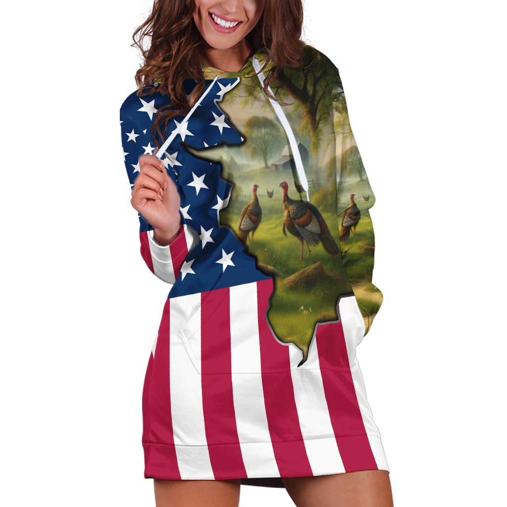 Custom American Flag Turkey Hunting Hoodie Dress with Illinois State Outline Country Farm Scene - Wonder Print Shop