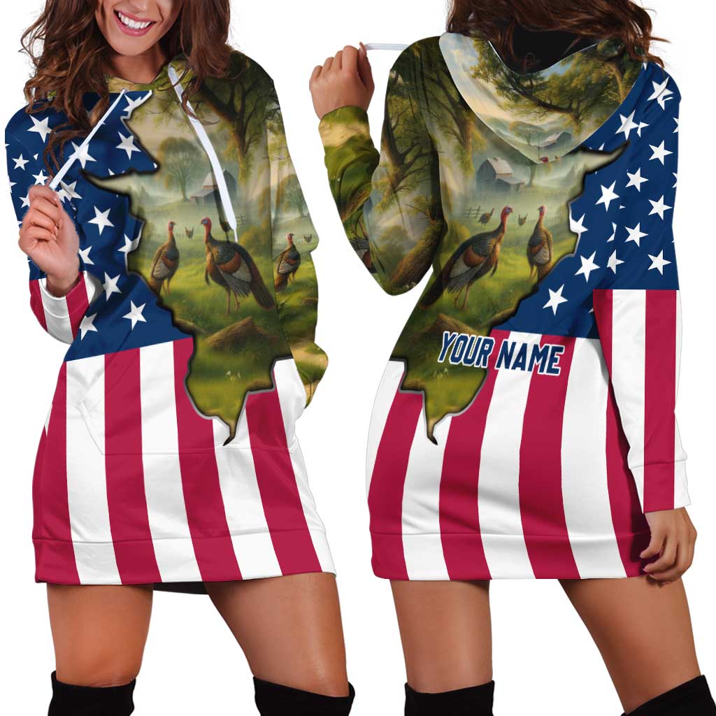 Custom American Flag Turkey Hunting Hoodie Dress with Illinois State Outline Country Farm Scene - Wonder Print Shop