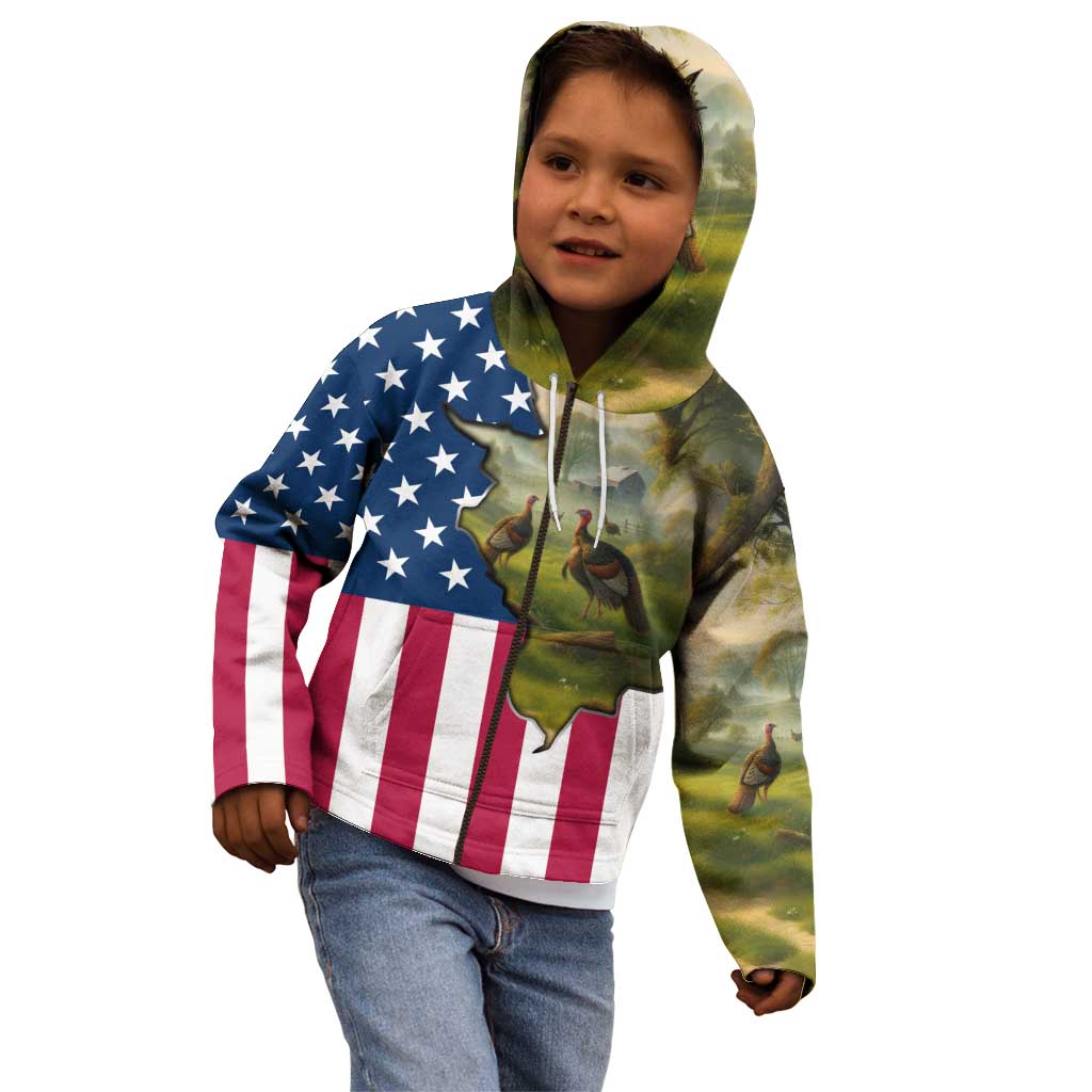 Custom American Flag Turkey Hunting Kid Hoodie with Illinois State Outline Country Farm Scene - Wonder Print Shop