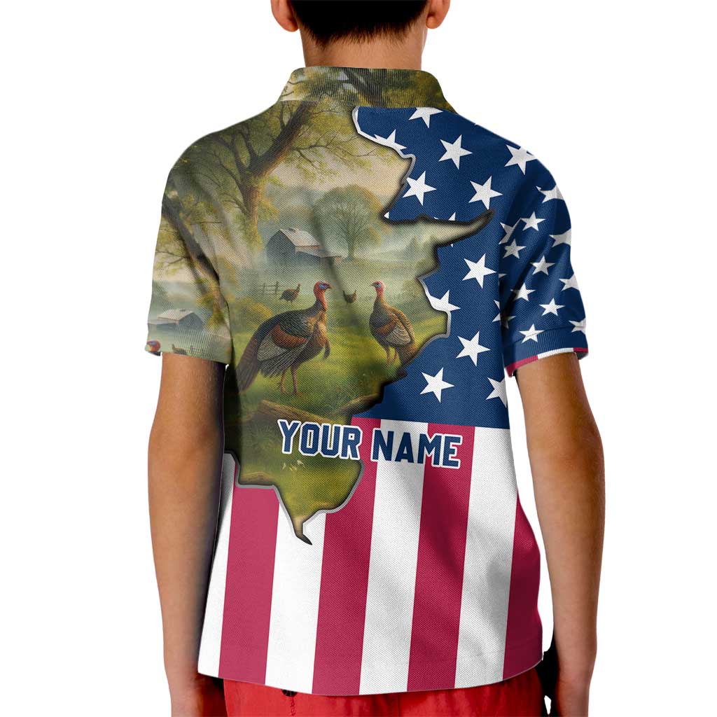 Custom American Flag Turkey Hunting Kid Polo Shirt with Illinois State Outline Country Farm Scene - Wonder Print Shop