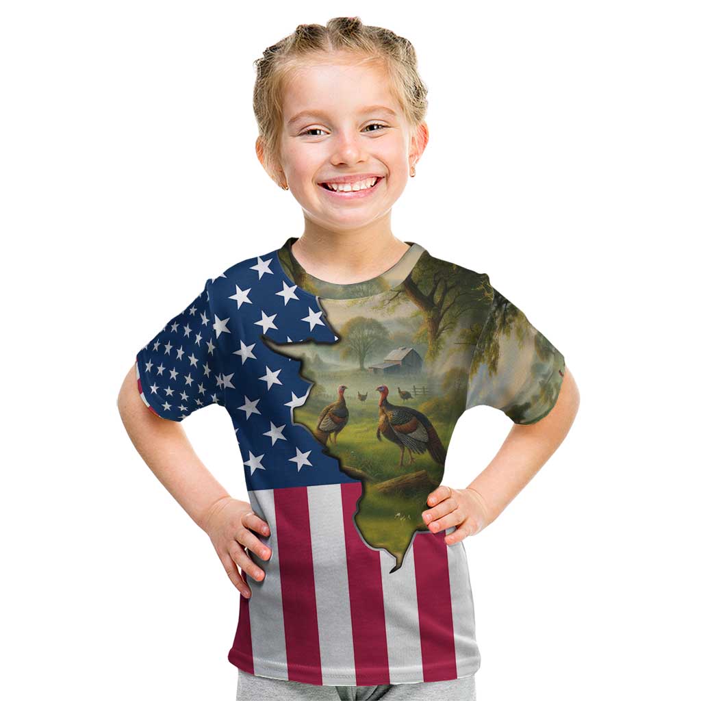 Custom American Flag Turkey Hunting Kid T Shirt with Illinois State Outline Country Farm Scene - Wonder Print Shop