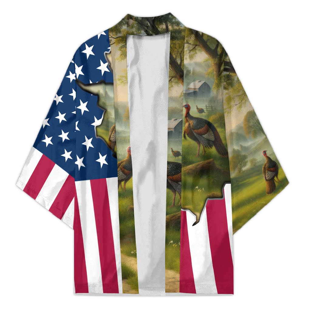 Custom American Flag Turkey Hunting Kimono with Illinois State Outline Country Farm Scene - Wonder Print Shop