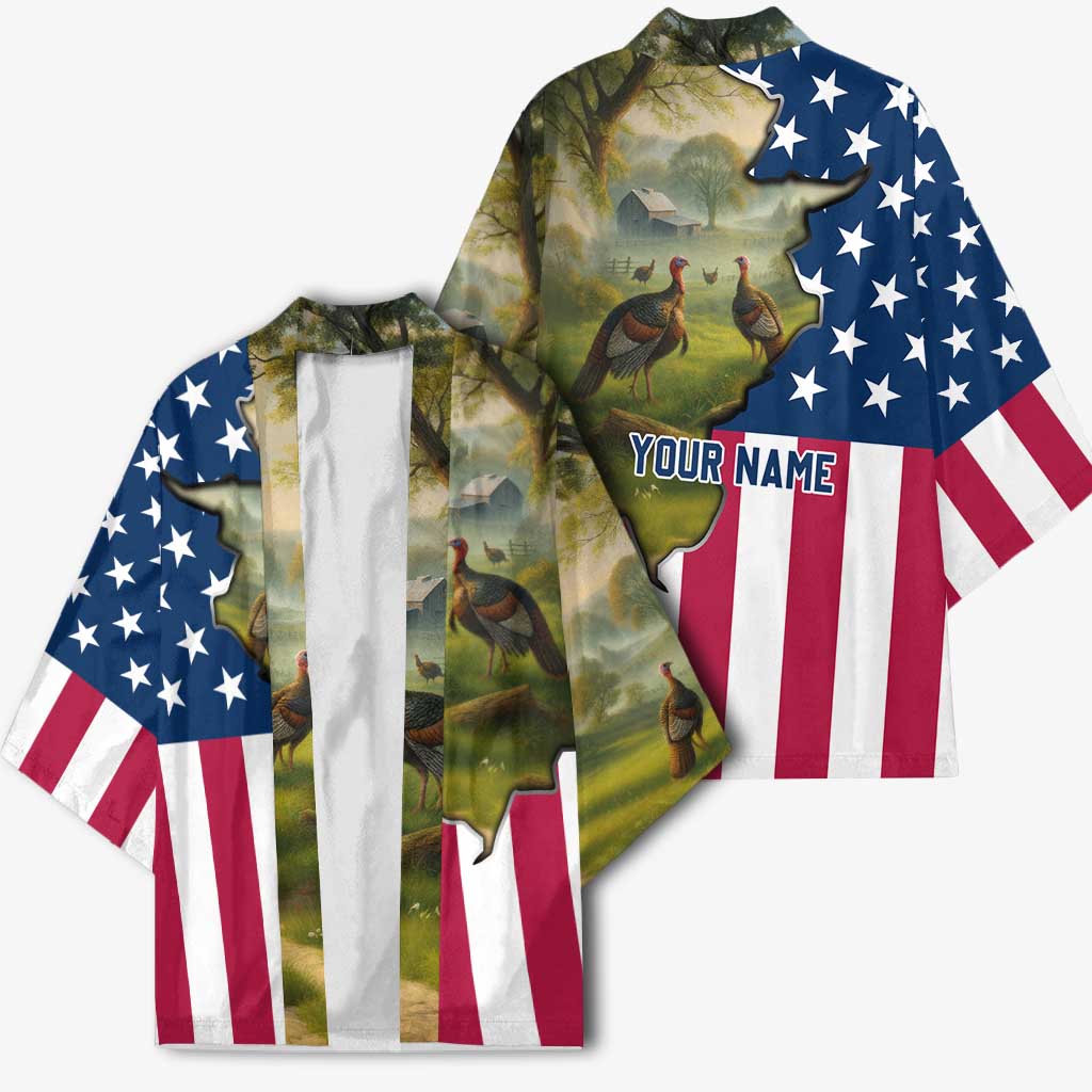 Custom American Flag Turkey Hunting Kimono with Illinois State Outline Country Farm Scene - Wonder Print Shop