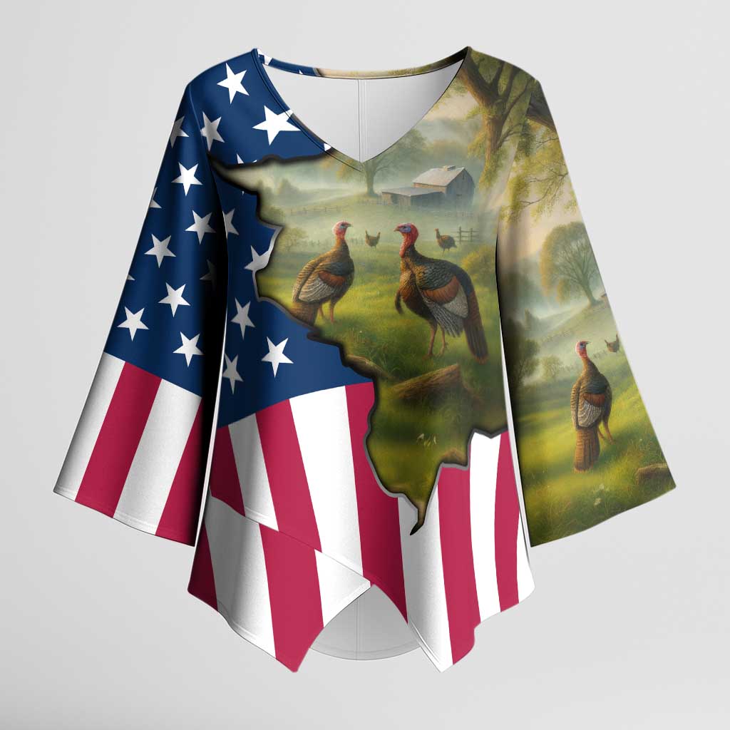 Custom American Flag Turkey Hunting Kimono Sleeve Blouse with Illinois State Outline Country Farm Scene - Wonder Print Shop