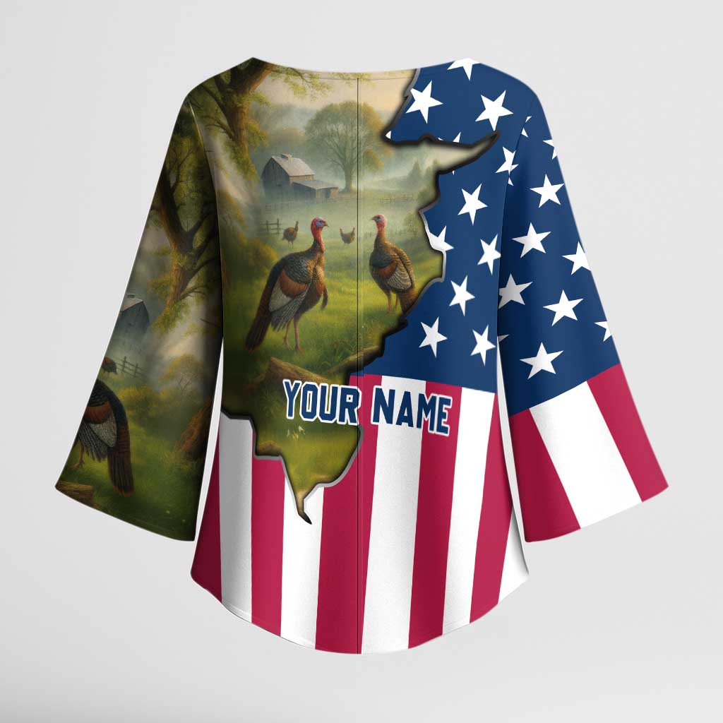 Custom American Flag Turkey Hunting Kimono Sleeve Blouse with Illinois State Outline Country Farm Scene - Wonder Print Shop