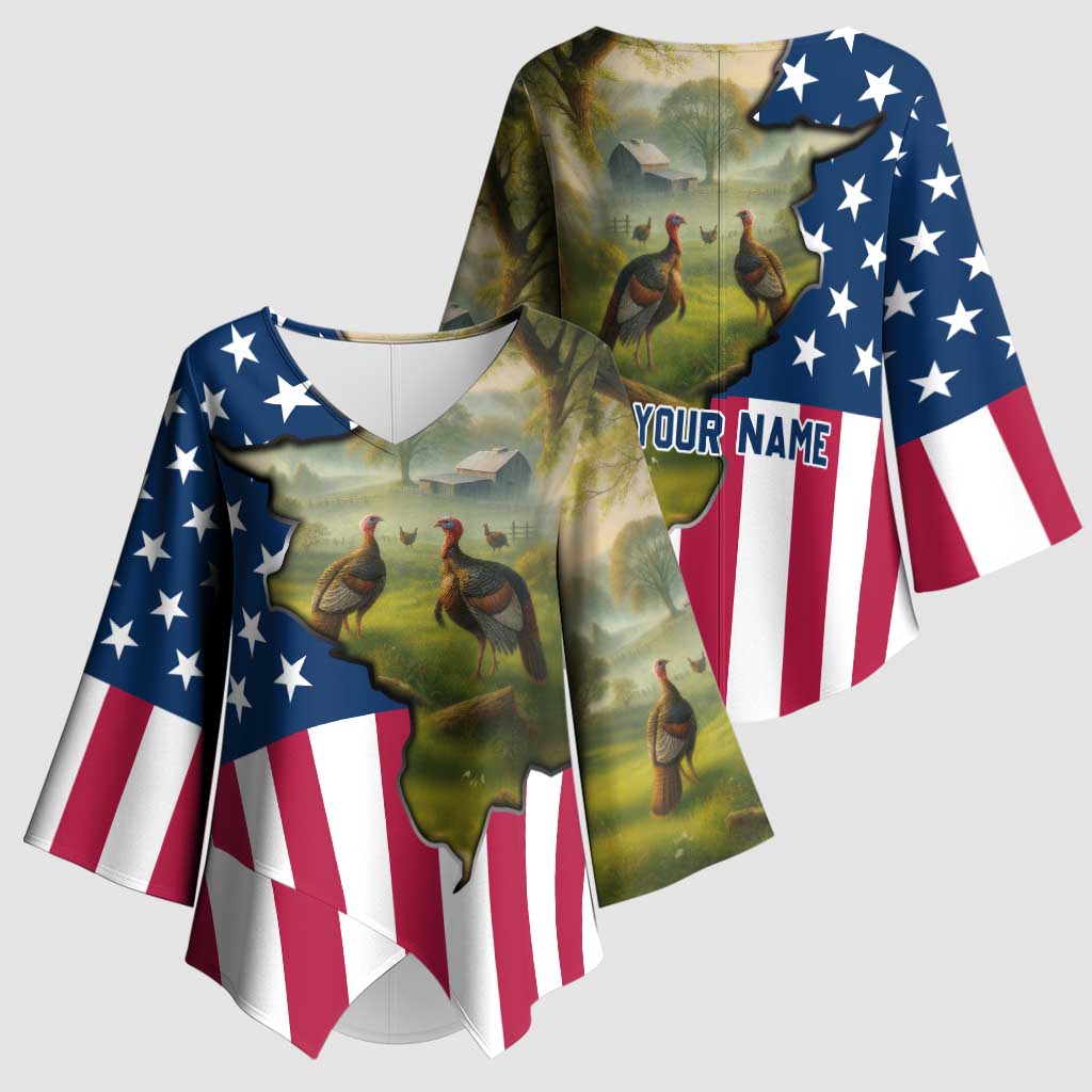 Custom American Flag Turkey Hunting Kimono Sleeve Blouse with Illinois State Outline Country Farm Scene - Wonder Print Shop