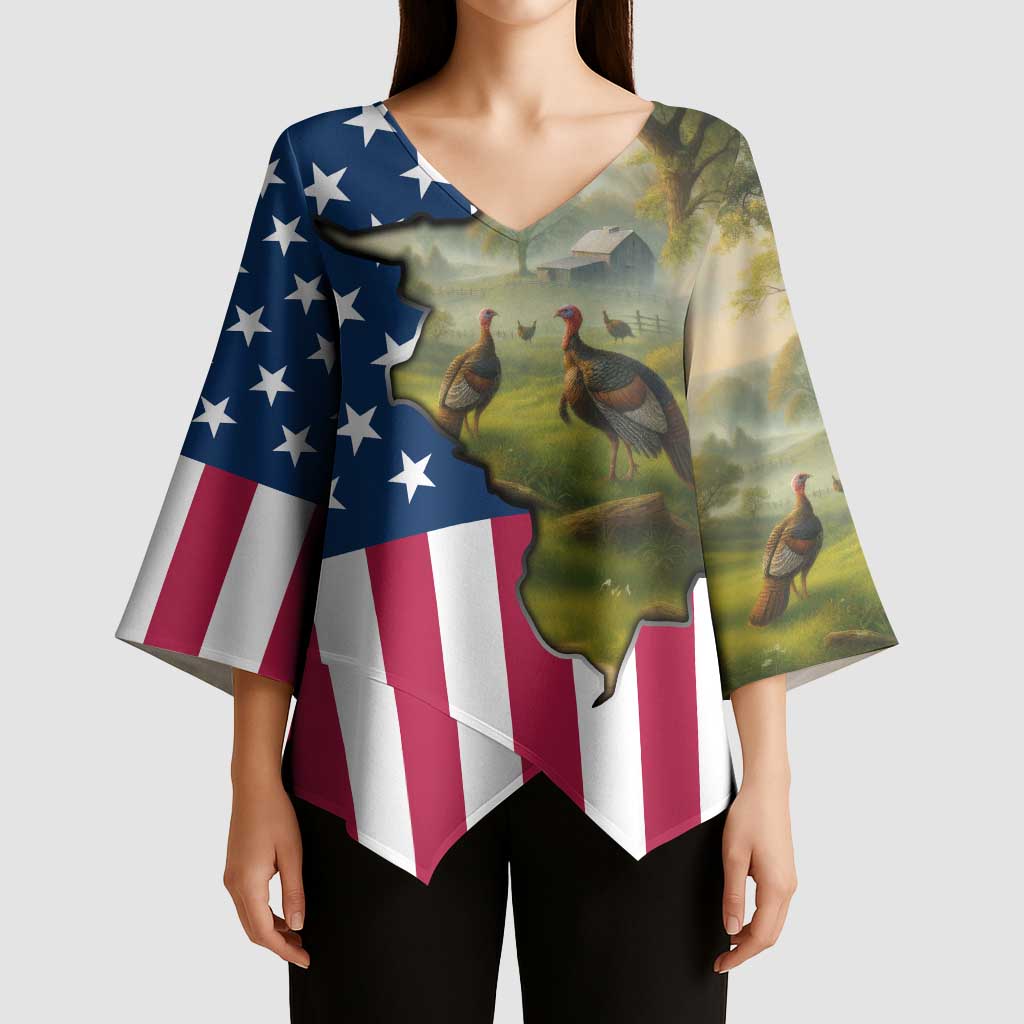 Custom American Flag Turkey Hunting Kimono Sleeve Blouse with Illinois State Outline Country Farm Scene - Wonder Print Shop