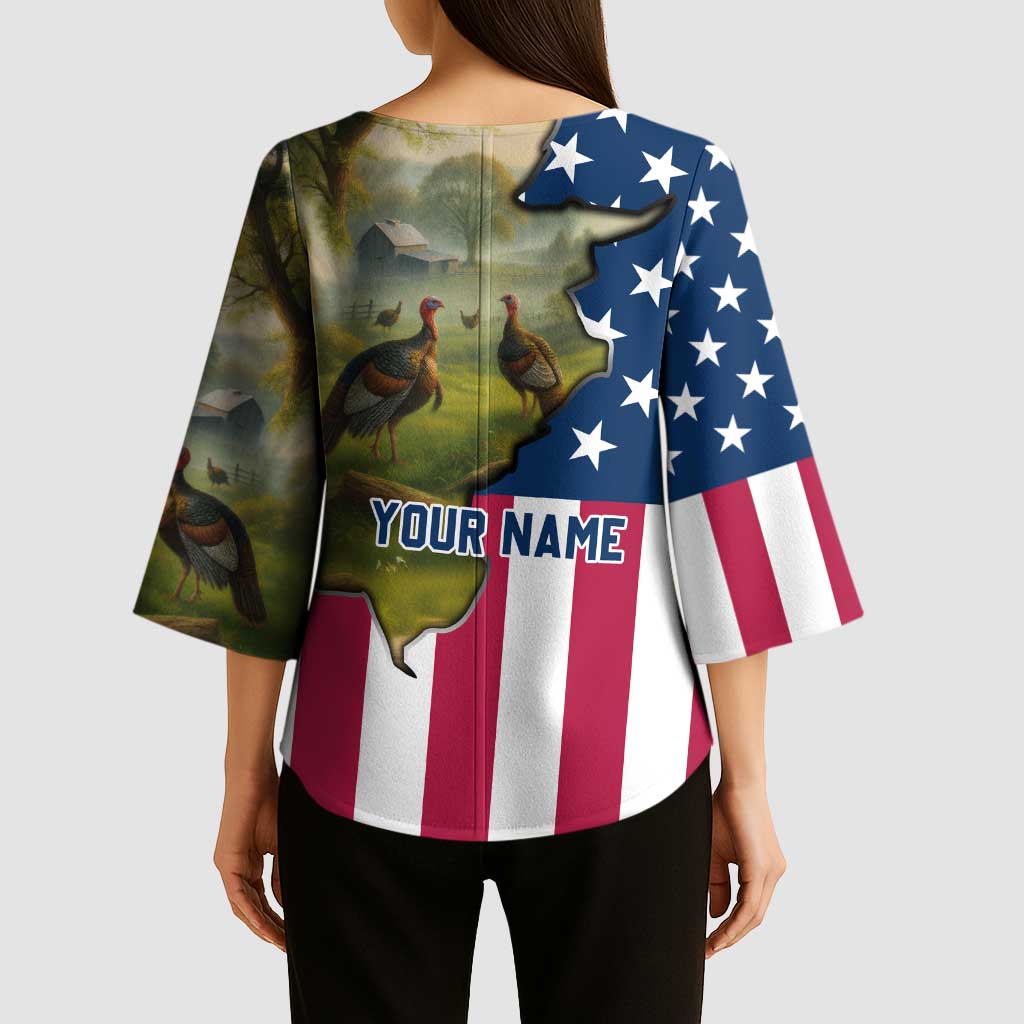 Custom American Flag Turkey Hunting Kimono Sleeve Blouse with Illinois State Outline Country Farm Scene - Wonder Print Shop