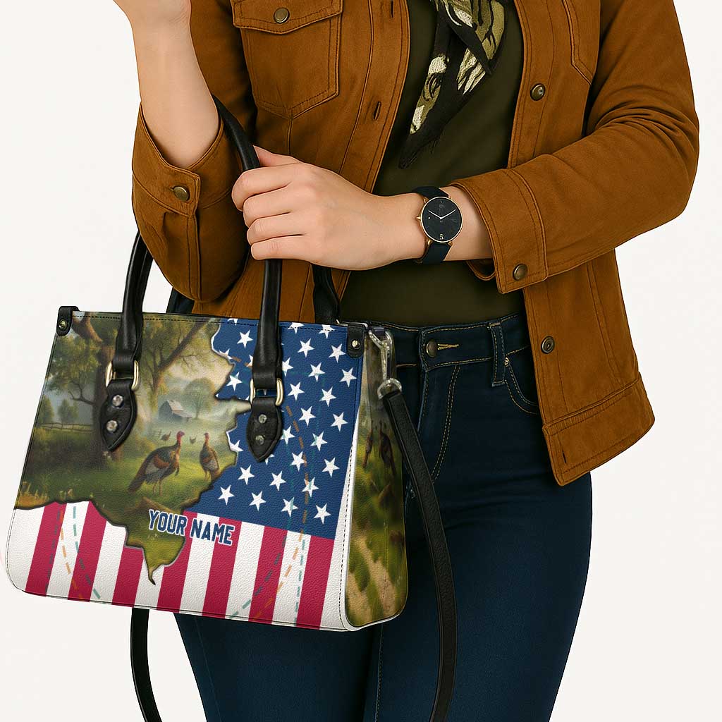 Custom American Flag Turkey Hunting Leather Bag with Illinois State Outline Country Farm Scene - Wonder Print Shop