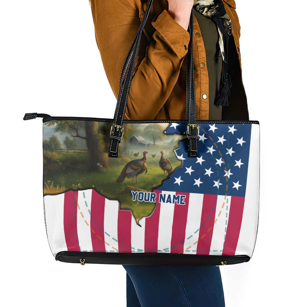 Custom American Flag Turkey Hunting Leather Tote Bag with Illinois State Outline Country Farm Scene - Wonder Print Shop