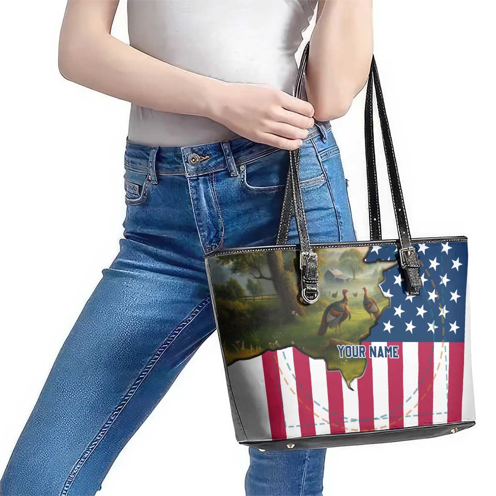 Custom American Flag Turkey Hunting Leather Tote Bag with Illinois State Outline Country Farm Scene - Wonder Print Shop
