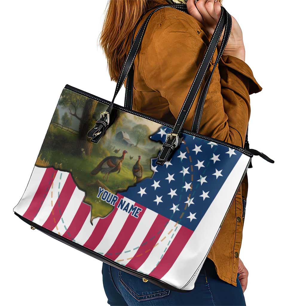 Custom American Flag Turkey Hunting Leather Tote Bag with Illinois State Outline Country Farm Scene - Wonder Print Shop