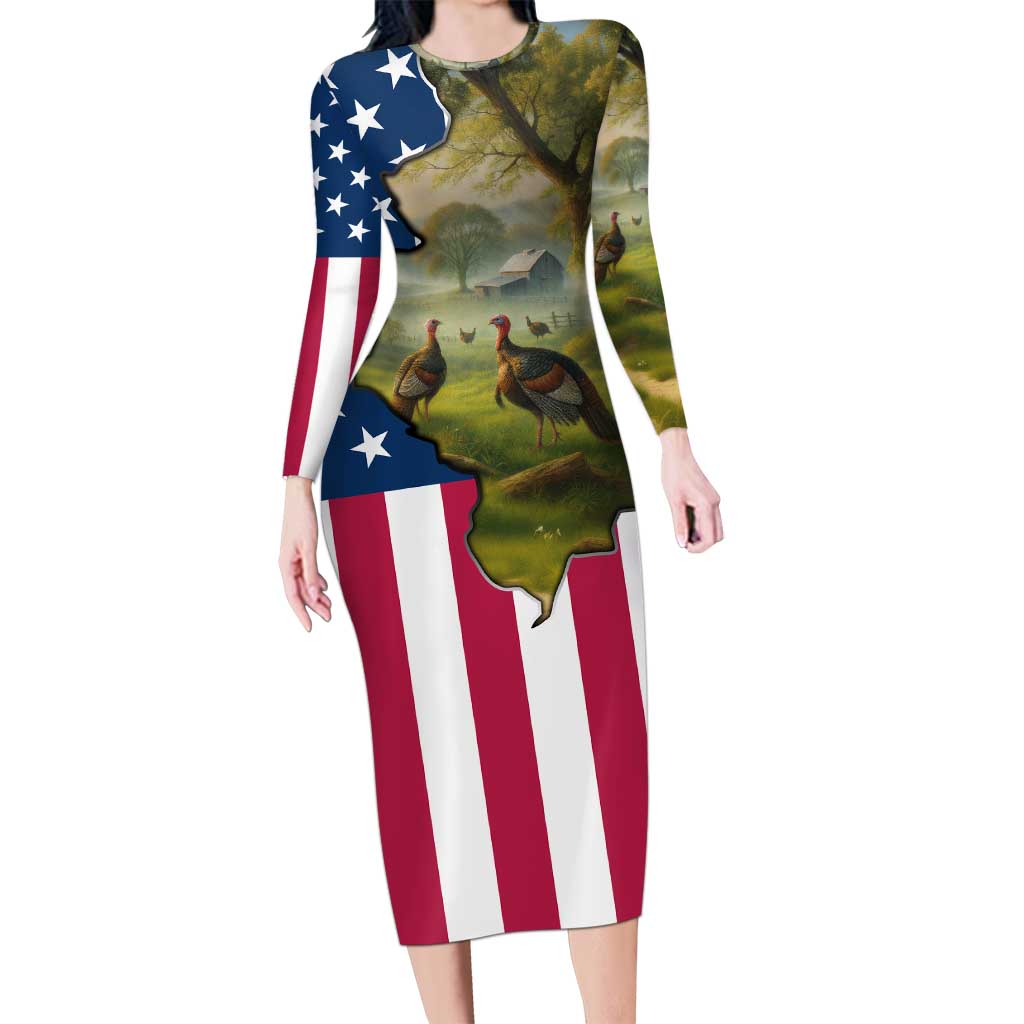 Custom American Flag Turkey Hunting Long Sleeve Bodycon Dress with Illinois State Outline Country Farm Scene - Wonder Print Shop