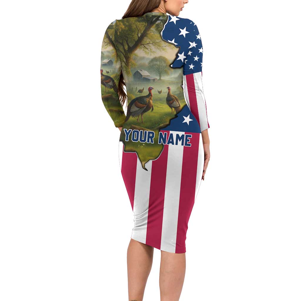 Custom American Flag Turkey Hunting Long Sleeve Bodycon Dress with Illinois State Outline Country Farm Scene - Wonder Print Shop