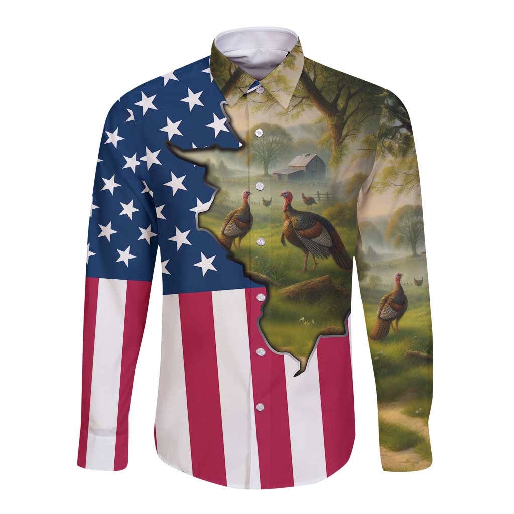 Custom American Flag Turkey Hunting Long Sleeve Button Shirt with Illinois State Outline Country Farm Scene - Wonder Print Shop