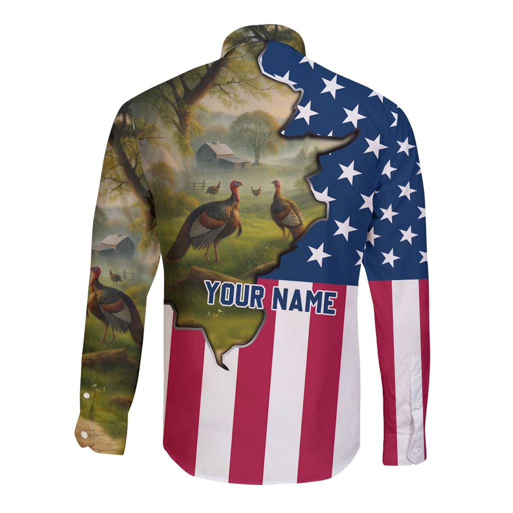 Custom American Flag Turkey Hunting Long Sleeve Button Shirt with Illinois State Outline Country Farm Scene - Wonder Print Shop