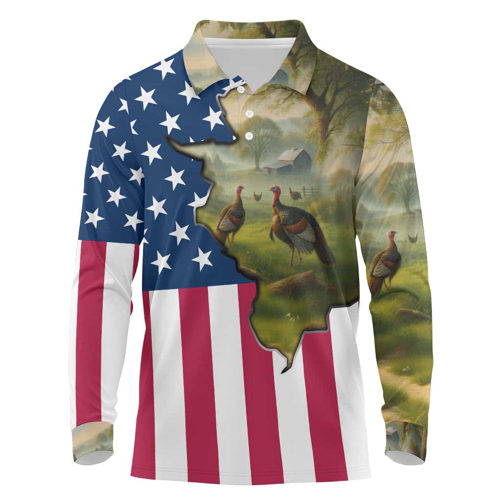 Custom American Flag Turkey Hunting Long Sleeve Polo Shirt with Illinois State Outline Country Farm Scene - Wonder Print Shop