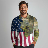 Custom American Flag Turkey Hunting Long Sleeve Polo Shirt with Illinois State Outline Country Farm Scene - Wonder Print Shop
