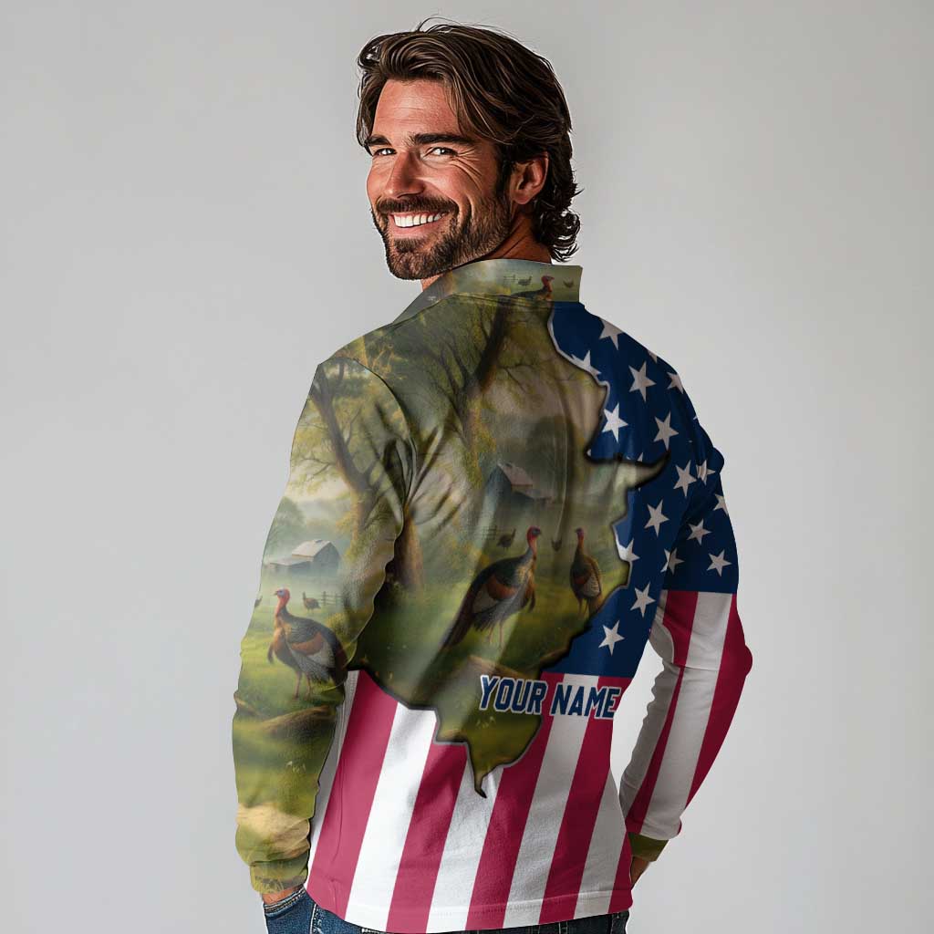 Custom American Flag Turkey Hunting Long Sleeve Polo Shirt with Illinois State Outline Country Farm Scene - Wonder Print Shop