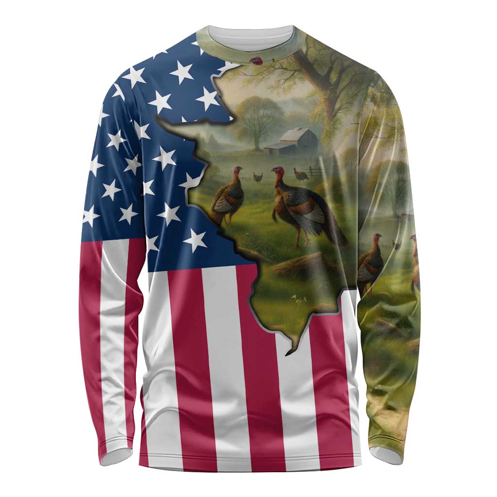 Custom American Flag Turkey Hunting Long Sleeve Shirt with Illinois State Outline Country Farm Scene - Wonder Print Shop