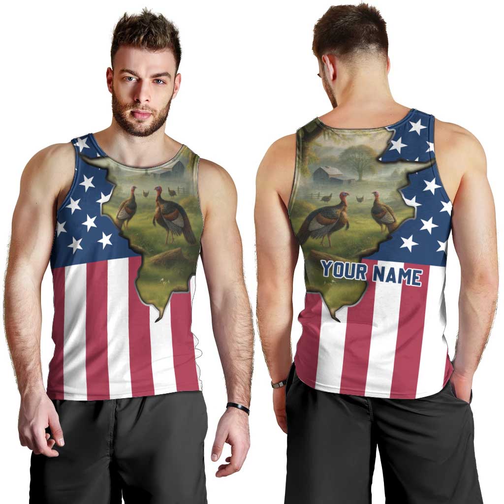 Custom American Flag Turkey Hunting Men Tank Top with Illinois State Outline Country Farm Scene - Wonder Print Shop