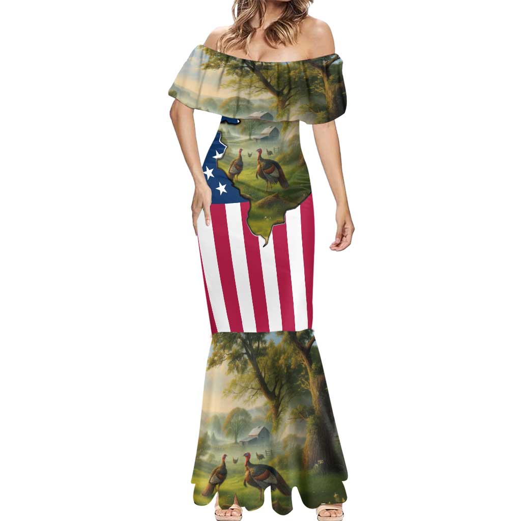 Custom American Flag Turkey Hunting Mermaid Dress with Illinois State Outline Country Farm Scene - Wonder Print Shop