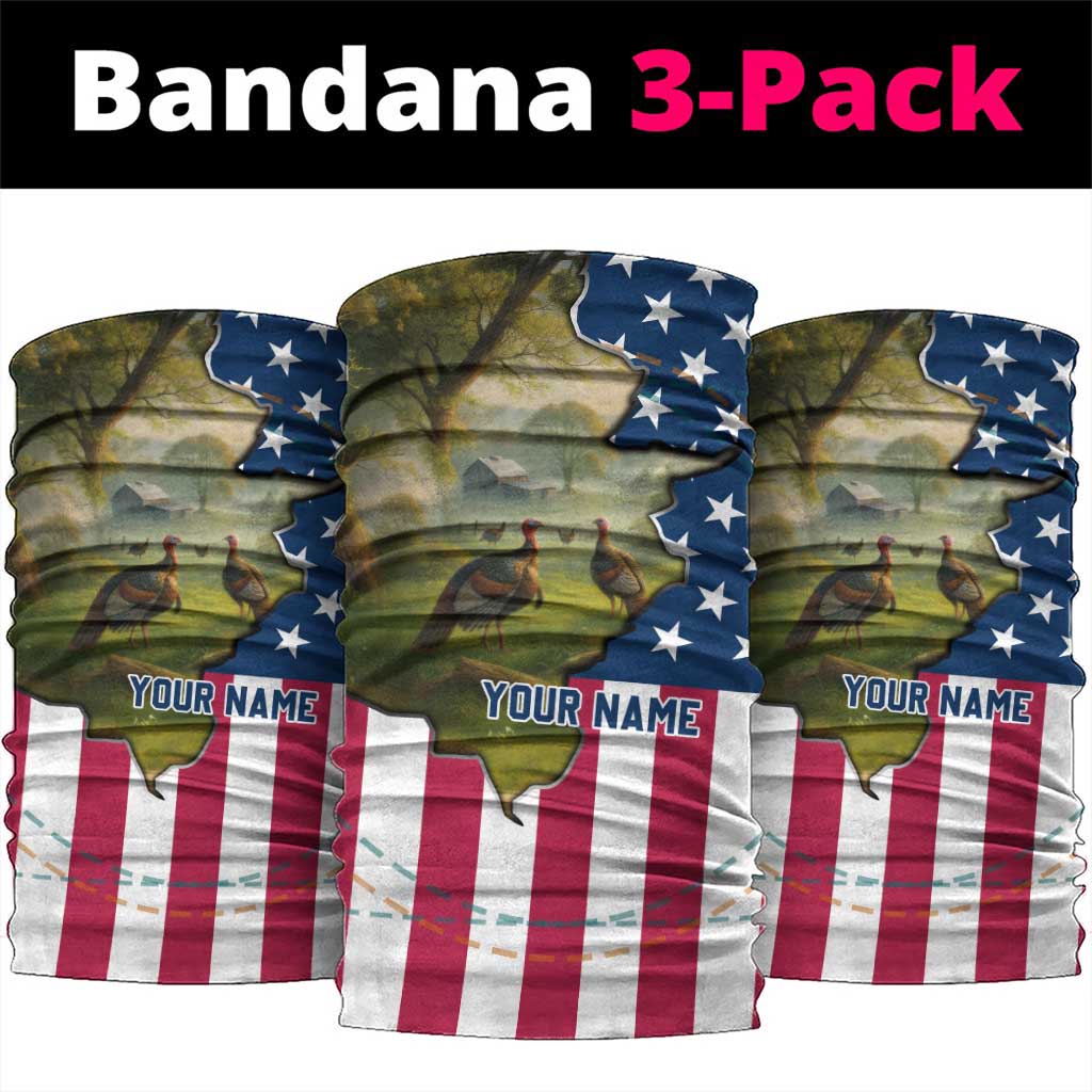 Custom American Flag Turkey Hunting Neck Gaiter with Illinois State Outline Country Farm Scene - Wonder Print Shop