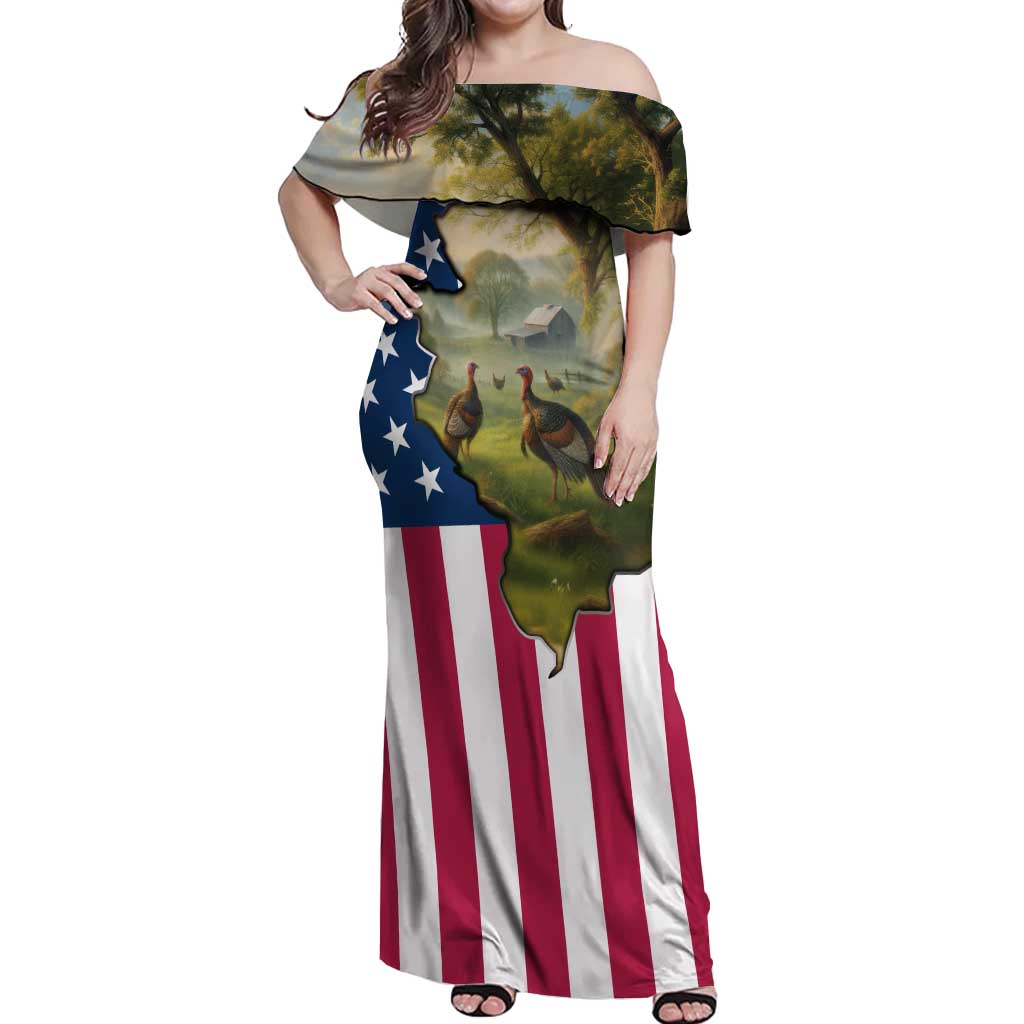 Custom American Flag Turkey Hunting Off Shoulder Maxi Dress with Illinois State Outline Country Farm Scene - Wonder Print Shop