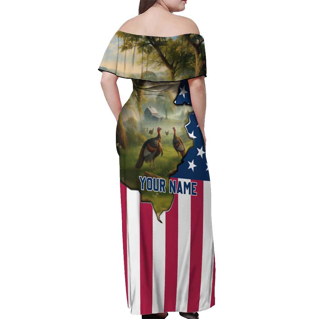Custom American Flag Turkey Hunting Off Shoulder Maxi Dress with Illinois State Outline Country Farm Scene - Wonder Print Shop