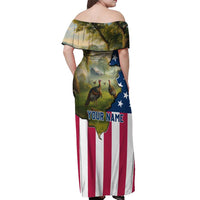 Custom American Flag Turkey Hunting Off Shoulder Maxi Dress with Illinois State Outline Country Farm Scene - Wonder Print Shop