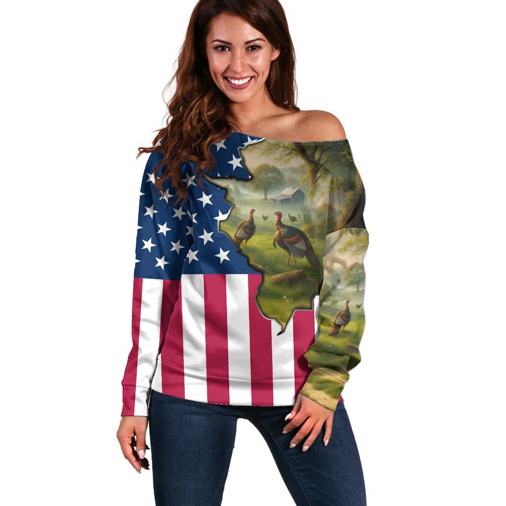 Custom American Flag Turkey Hunting Off Shoulder Sweater with Illinois State Outline Country Farm Scene - Wonder Print Shop