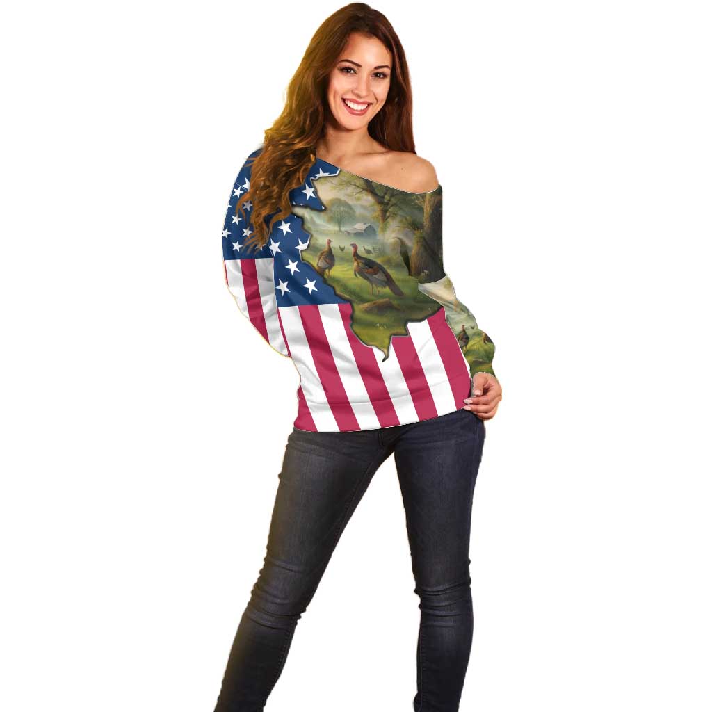 Custom American Flag Turkey Hunting Off Shoulder Sweater with Illinois State Outline Country Farm Scene - Wonder Print Shop