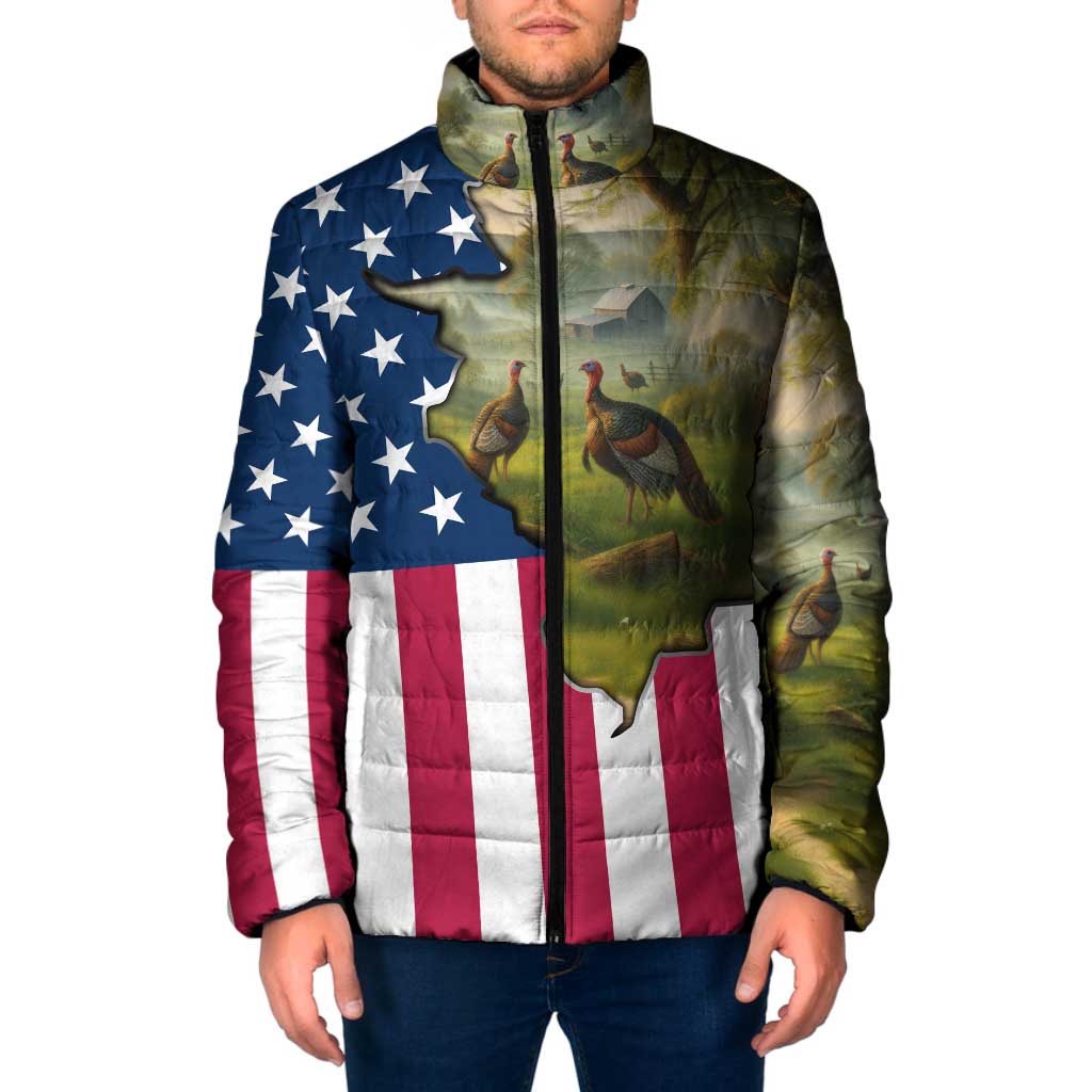 Custom American Flag Turkey Hunting Padded Jacket with Illinois State Outline Country Farm Scene - Wonder Print Shop
