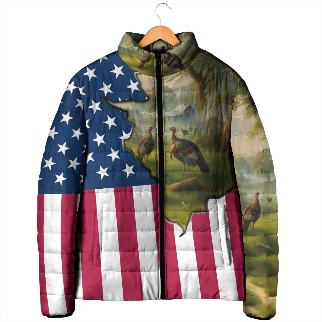 Custom American Flag Turkey Hunting Padded Jacket with Illinois State Outline Country Farm Scene - Wonder Print Shop