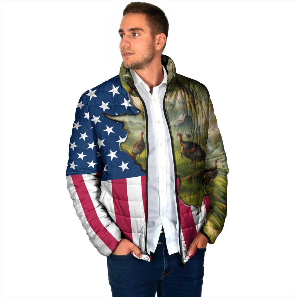 Custom American Flag Turkey Hunting Padded Jacket with Illinois State Outline Country Farm Scene - Wonder Print Shop