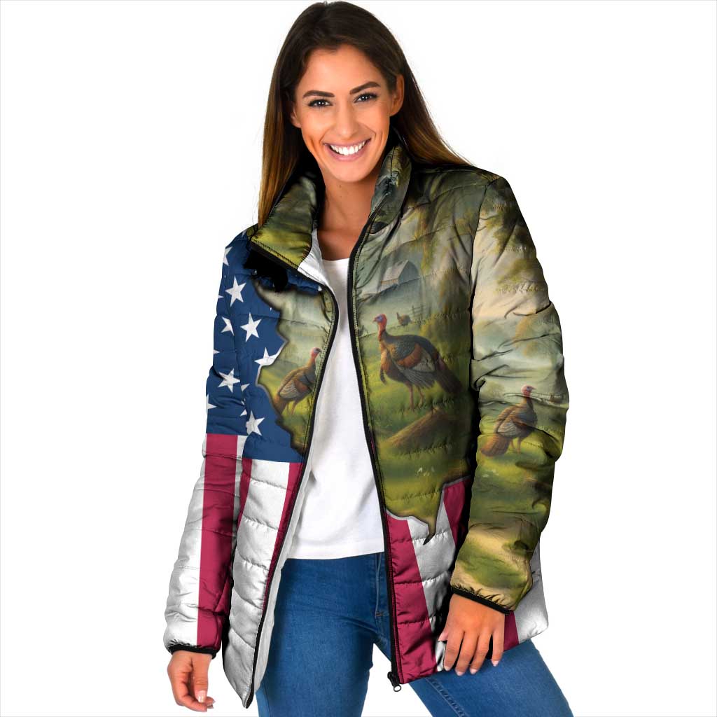 Custom American Flag Turkey Hunting Padded Jacket with Illinois State Outline Country Farm Scene - Wonder Print Shop
