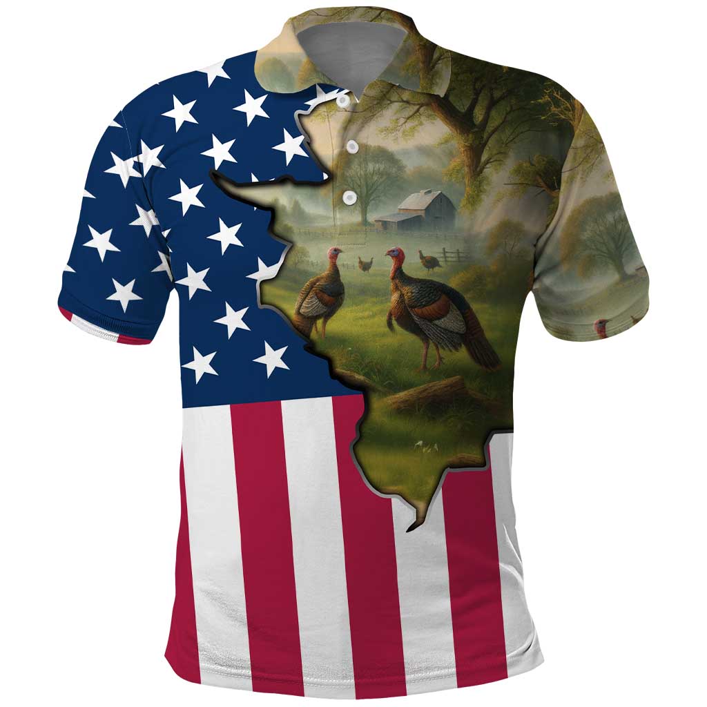 Custom American Flag Turkey Hunting Polo Shirt with Illinois State Outline Country Farm Scene - Wonder Print Shop