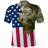 Custom American Flag Turkey Hunting Polo Shirt with Illinois State Outline Country Farm Scene - Wonder Print Shop