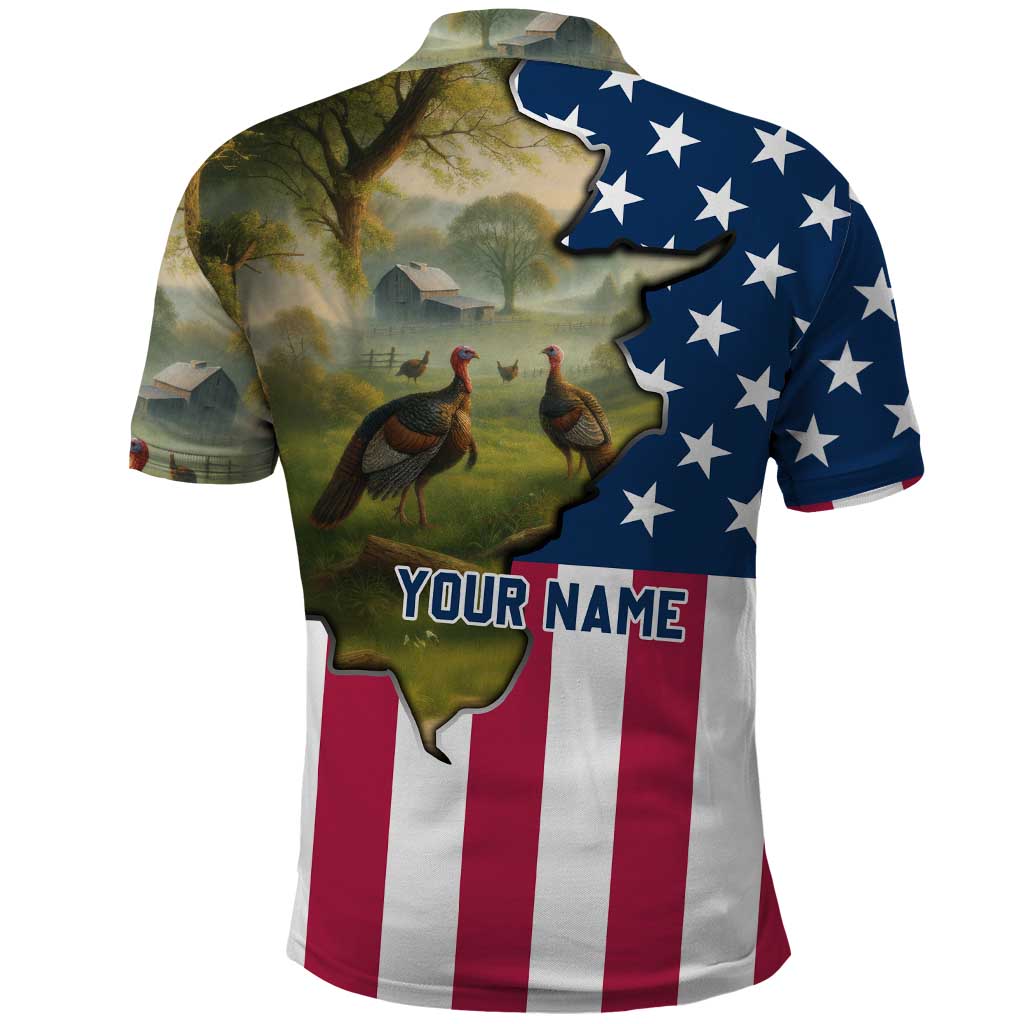 Custom American Flag Turkey Hunting Polo Shirt with Illinois State Outline Country Farm Scene - Wonder Print Shop