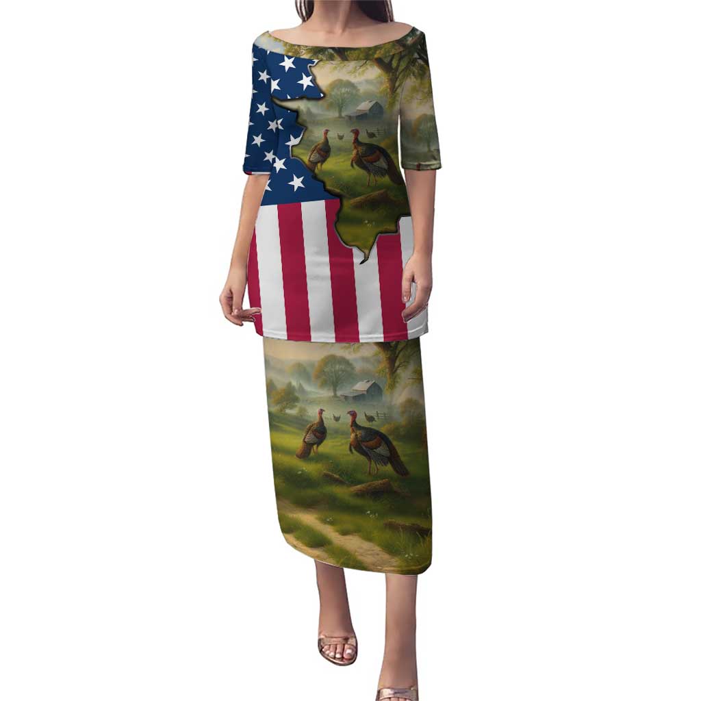 Custom American Flag Turkey Hunting Puletasi with Illinois State Outline Country Farm Scene - Wonder Print Shop