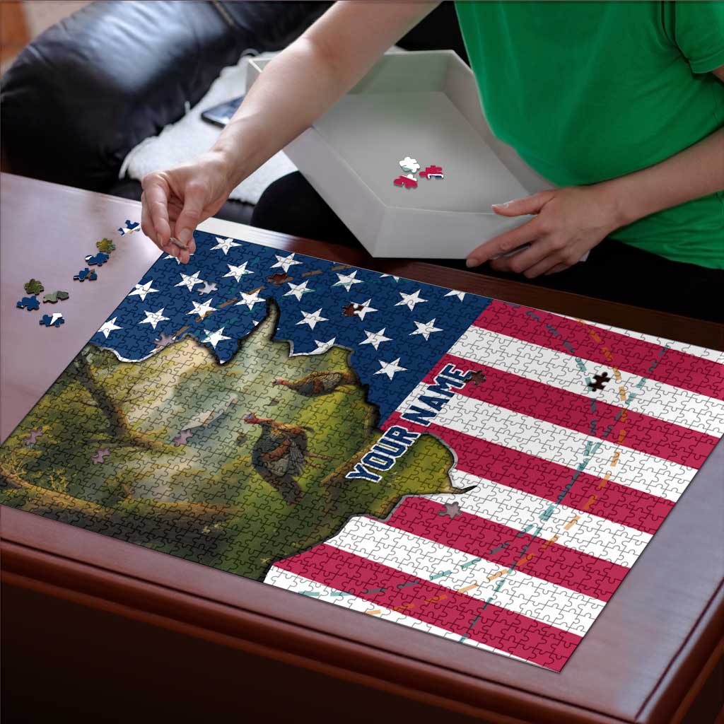 Custom American Flag Turkey Hunting Puzzle with Illinois State Outline Country Farm Scene - Wonder Print Shop