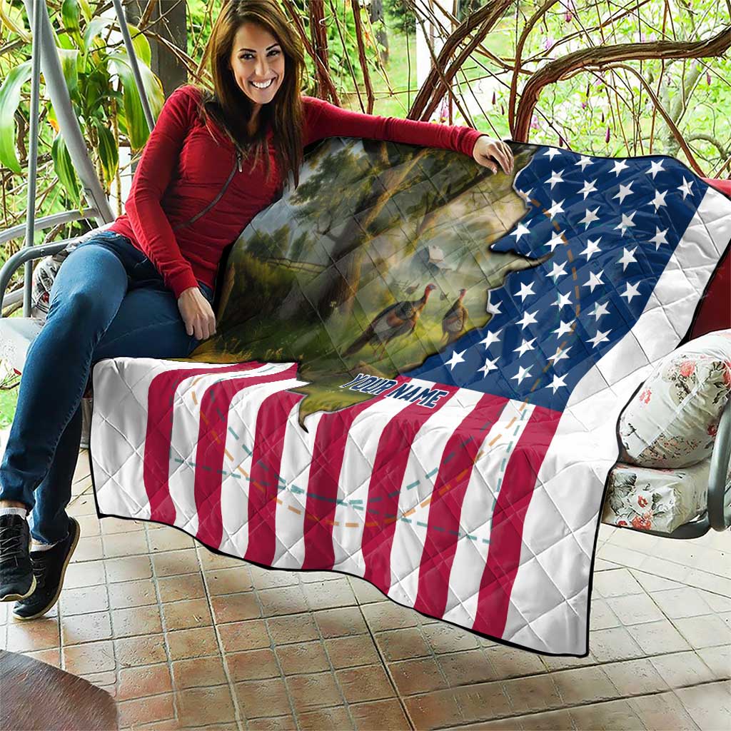 Custom American Flag Turkey Hunting Quilt with Illinois State Outline Country Farm Scene - Wonder Print Shop