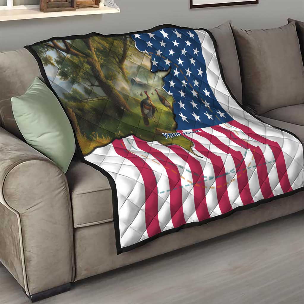 Custom American Flag Turkey Hunting Quilt with Illinois State Outline Country Farm Scene - Wonder Print Shop