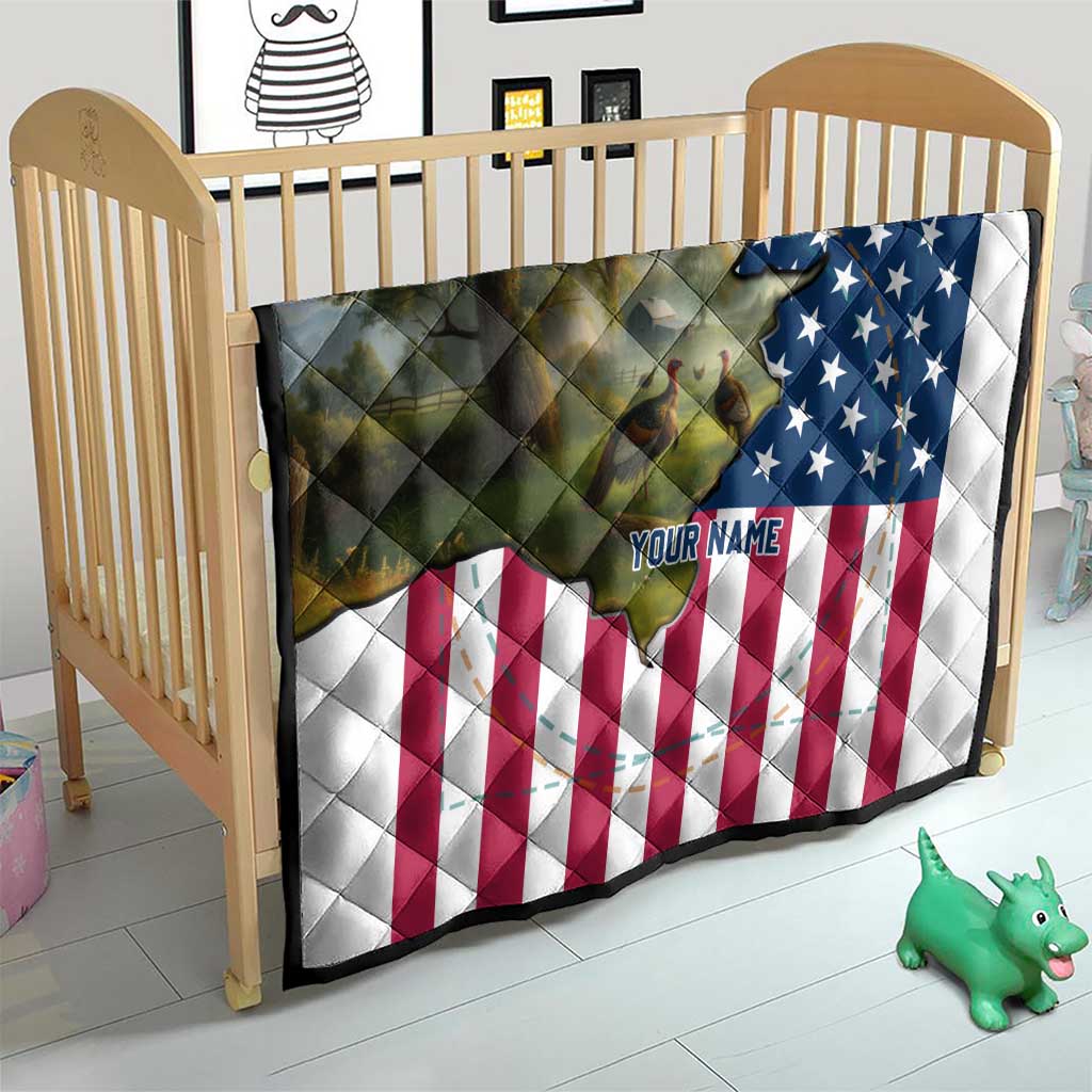 Custom American Flag Turkey Hunting Quilt with Illinois State Outline Country Farm Scene - Wonder Print Shop
